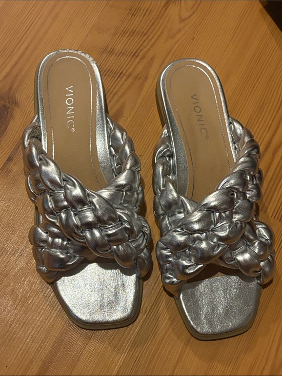 Vionic Shoes - Vionic Kalina Metallic Silver Braided Slide Mules - Women's